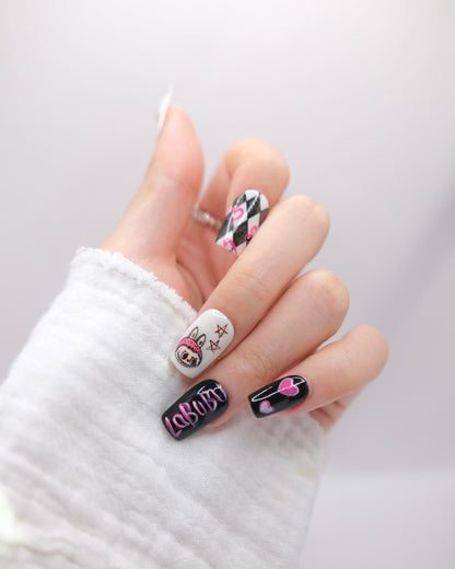 Mid-Long Square White & Black Cute LABUBU Press On Nails