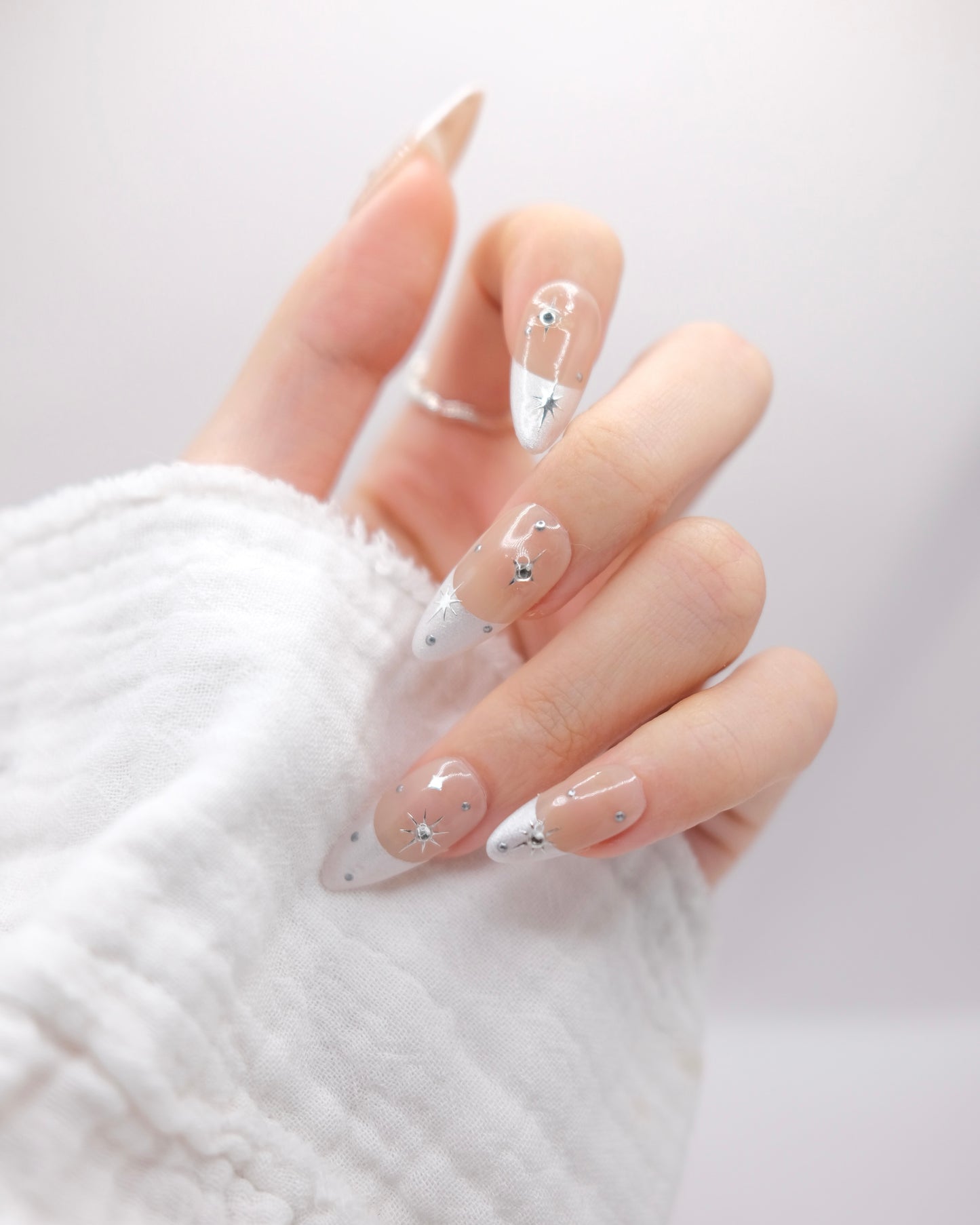 Long Almond Nude Color & Silver French Manicure With Diamond Press On Nails