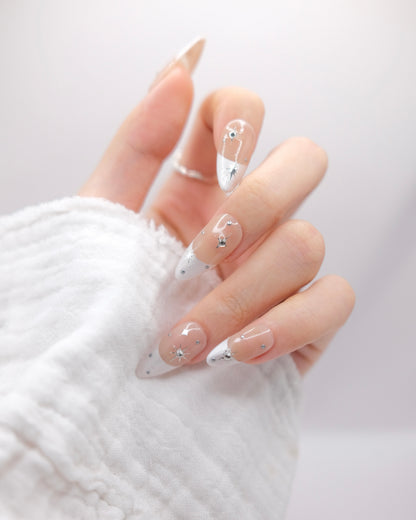 Long Almond Nude Color & Silver French Manicure With Diamond Press On Nails
