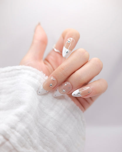 Long Almond Nude Color & Silver French Manicure With Diamond Press On Nails
