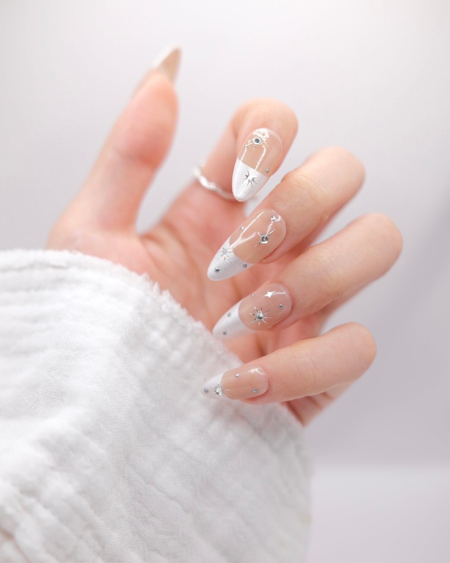 Long Almond Nude Color & Silver French Manicure With Diamond Press On Nails
