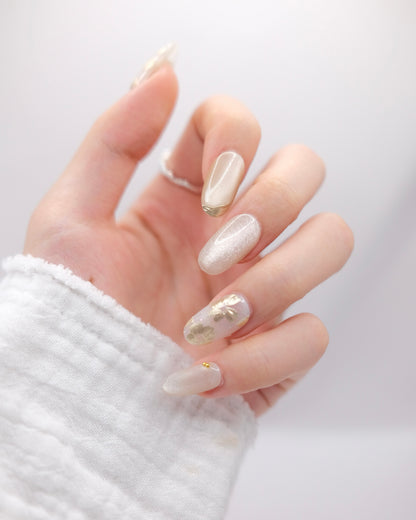 Mid-Long Almond Gold & White Cateye Embossed Flower Press On Nails