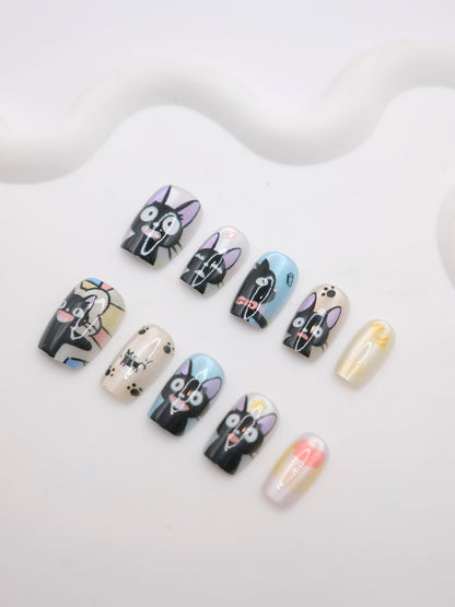 Short Coffin Colorful Black Naughty Cute Kitty Press On Nails