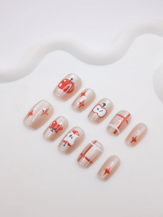 Short Coffin Red Apple On Christmas Eve Press On Nails