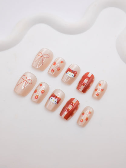Short Coffin Pink Bowtie Hello Kitty Press On Nails