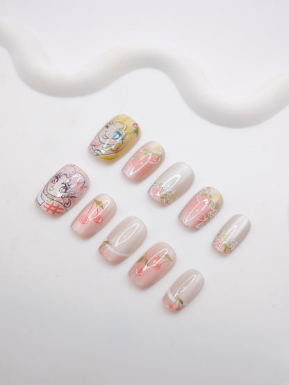 Short Coffin "Sailor Moon" & Pink Cherry Press On Nails
