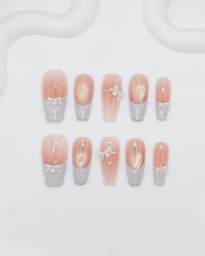Long Coffin Pink & Light Blue French Manicure Bowtie Press On Nails