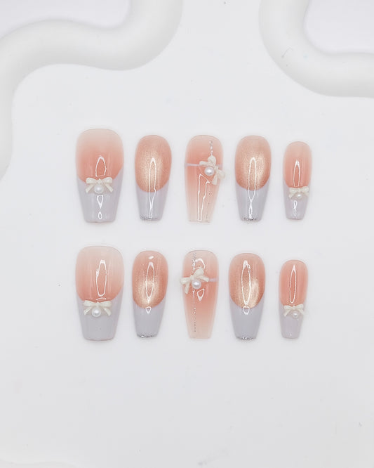 Long Coffin Pink & Light Blue French Manicure Bowtie Press On Nails