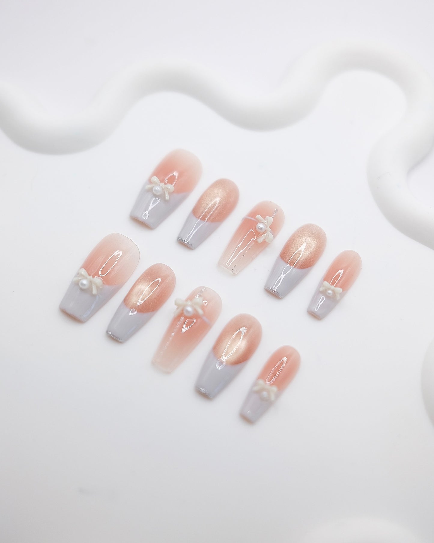 Long Coffin Pink & Light Blue French Manicure Bowtie Press On Nails