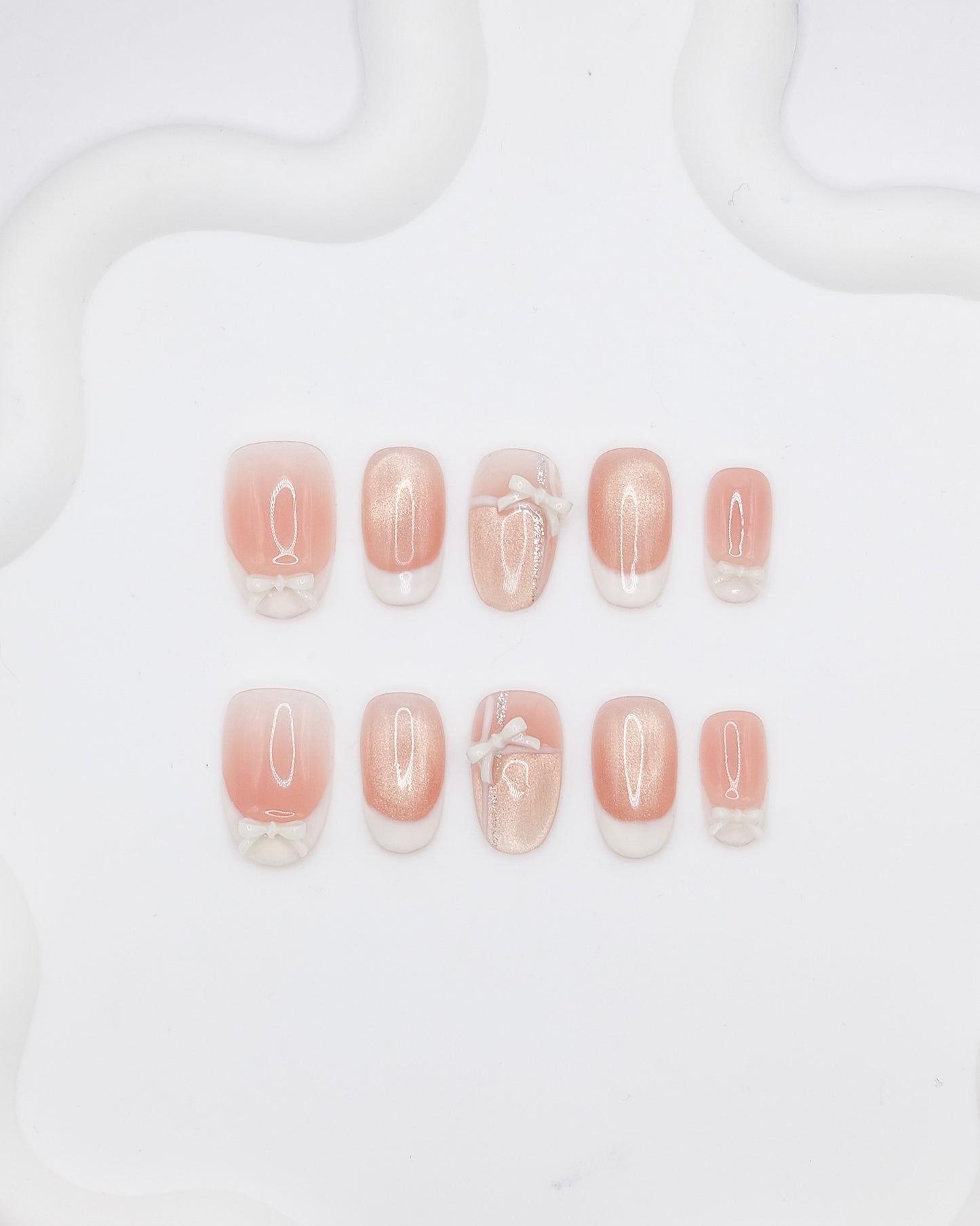 Mid-Long Oval Pink French Manicure Bowtie Press On Nails