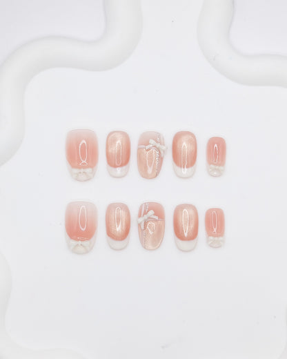 Mid-Long Oval Pink French Manicure Bowtie Press On Nails