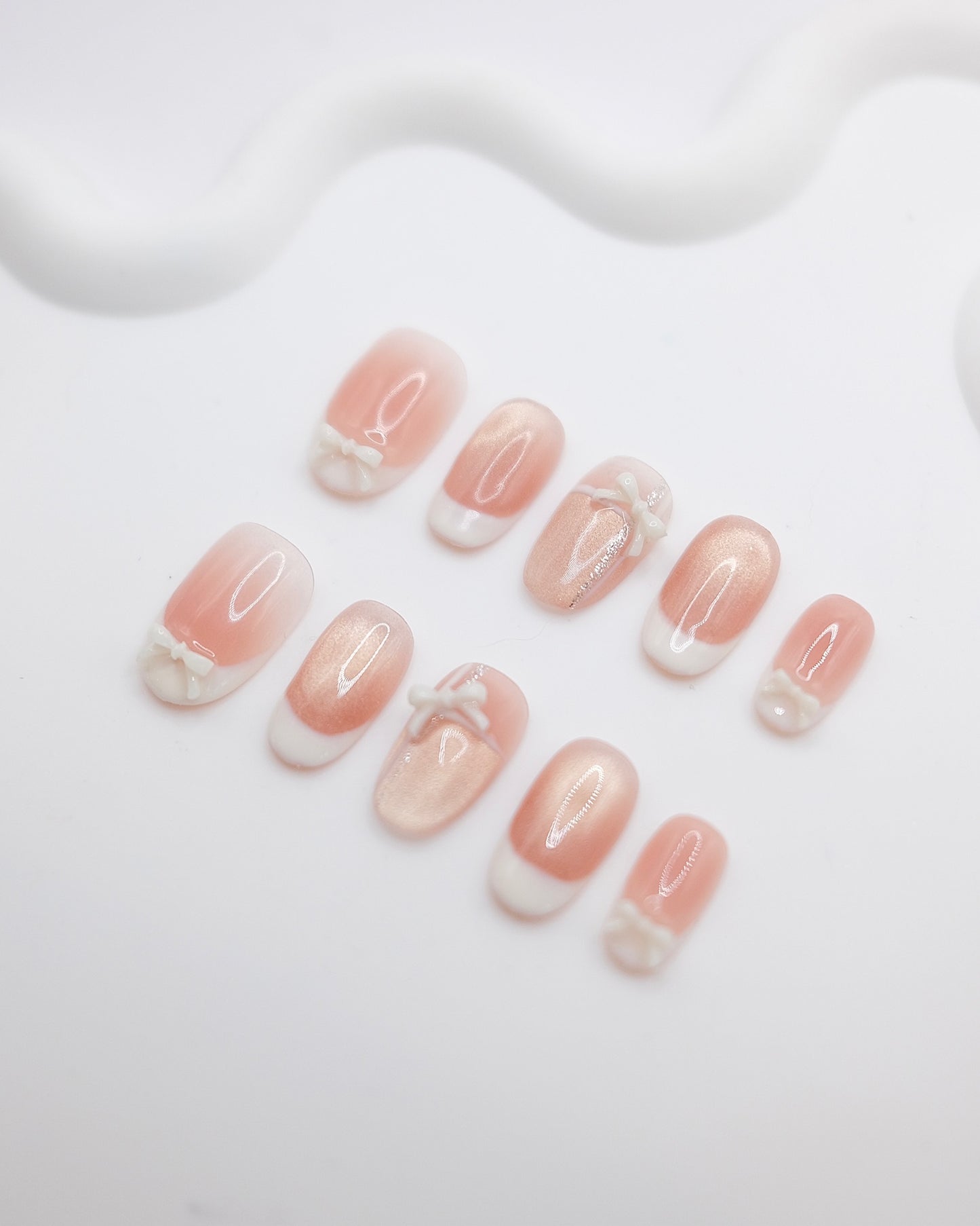 Mid-Long Oval Pink French Manicure Bowtie Press On Nails