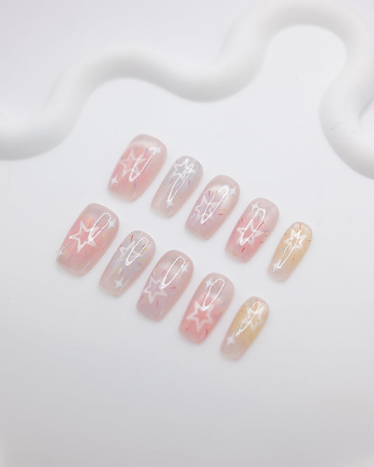 Mid-Long Coffin Colorful Shiny Star Press On Nails