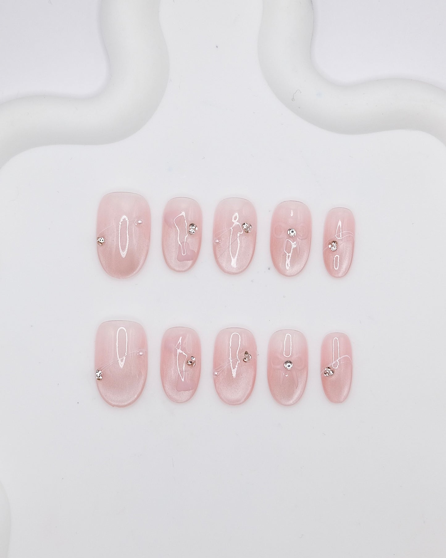 Mid-Long Oval Cateye Pink Diamond Shiny Bowtie Press On Nails