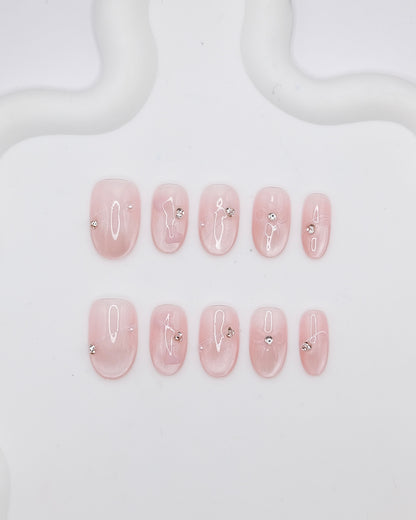 Mid-Long Oval Cateye Pink Diamond Shiny Bowtie Press On Nails