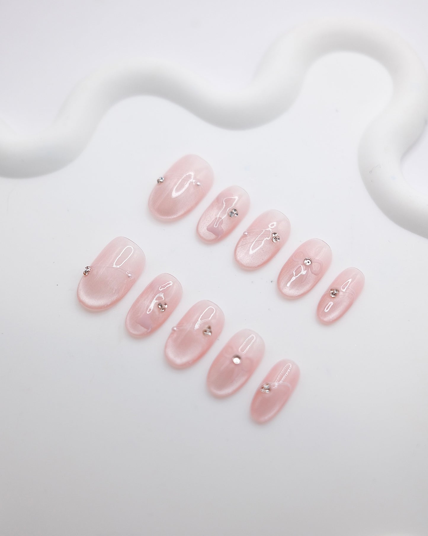 Mid-Long Oval Cateye Pink Diamond Shiny Bowtie Press On Nails