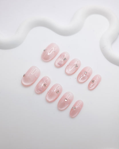 Mid-Long Oval Cateye Pink Diamond Shiny Bowtie Press On Nails