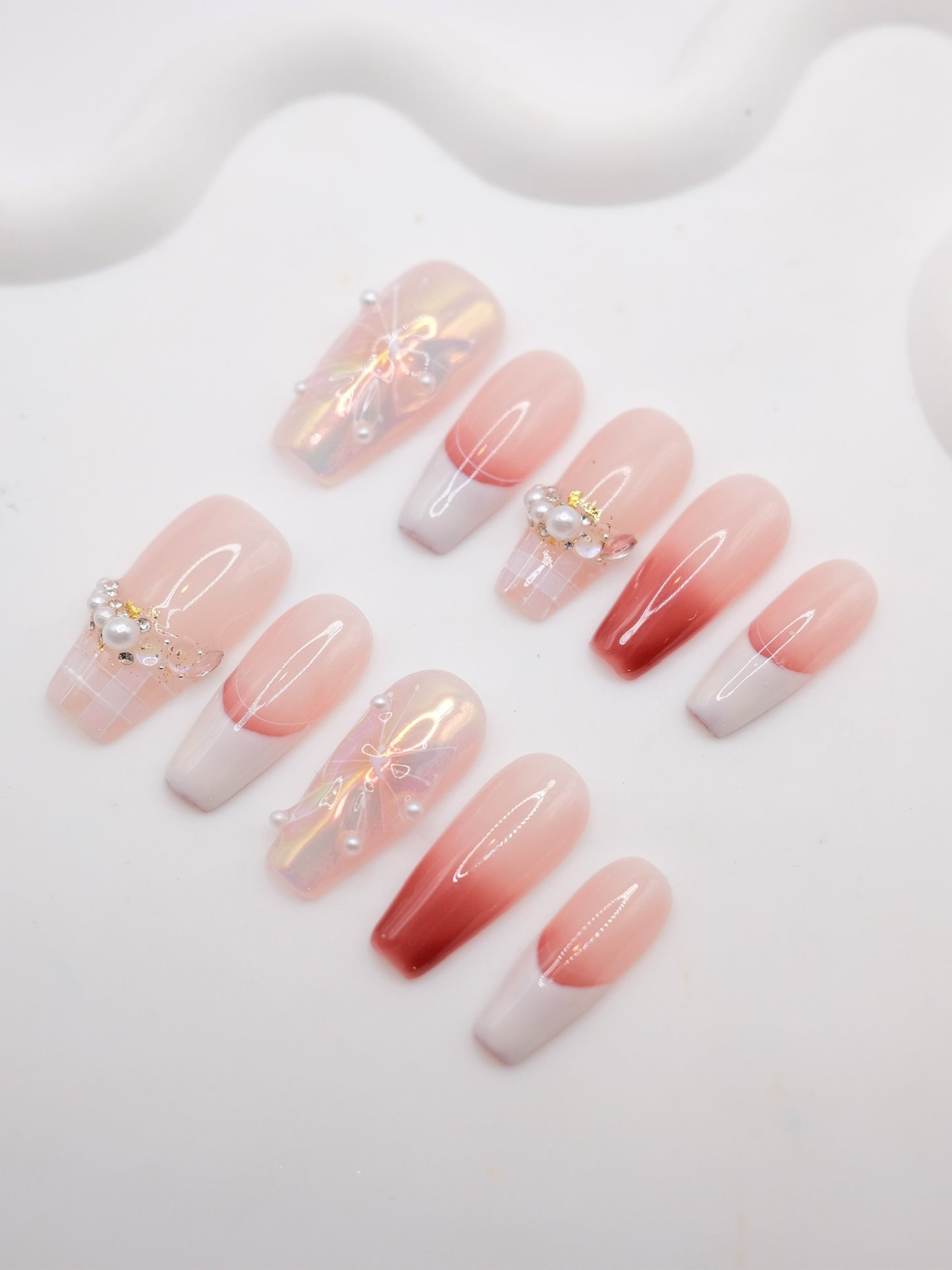 Long Coffin Pink Butterfly With Pearl French Manicure Press On Nails