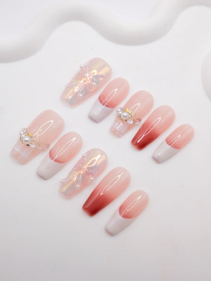 Long Coffin Pink Butterfly With Pearl French Manicure Press On Nails