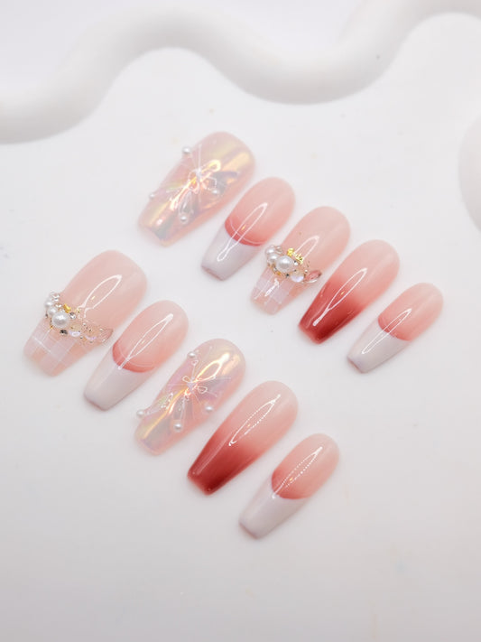 Long Coffin Pink Butterfly With Pearl French Manicure Press On Nails