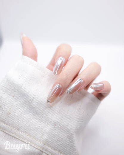 Long Almond Nude Color Magic Mirror With Diamond Press On Nails