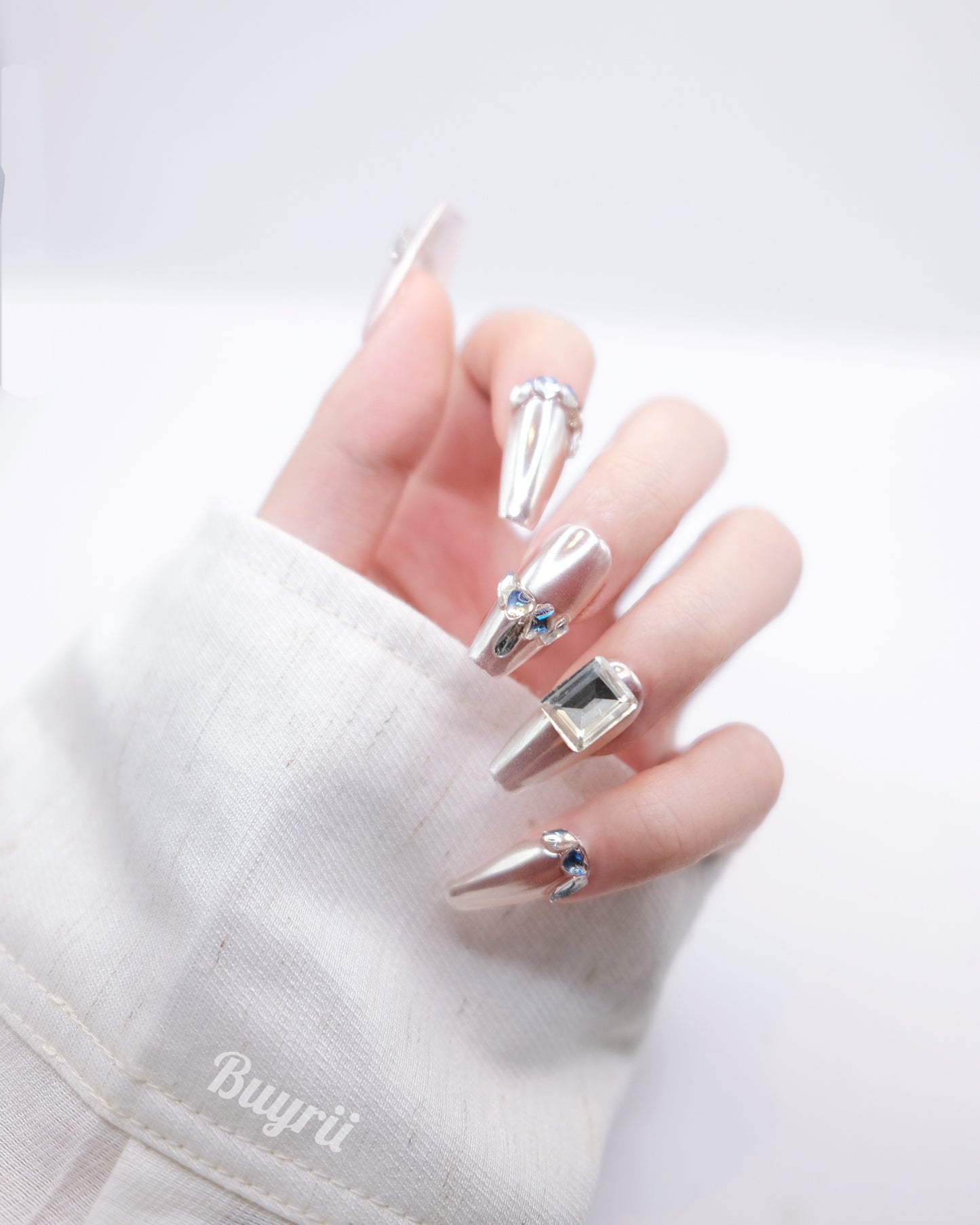 Long Coffin Magic Mirror Pink With Diamond Press On Nails