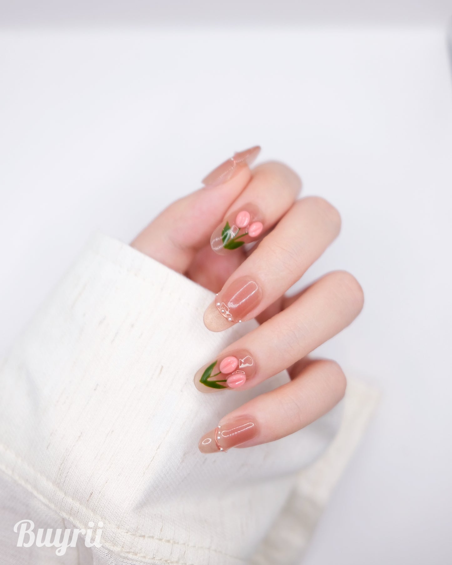 Mid-Long Oval Pink Cateye Tulip French Manicure Press On Nails