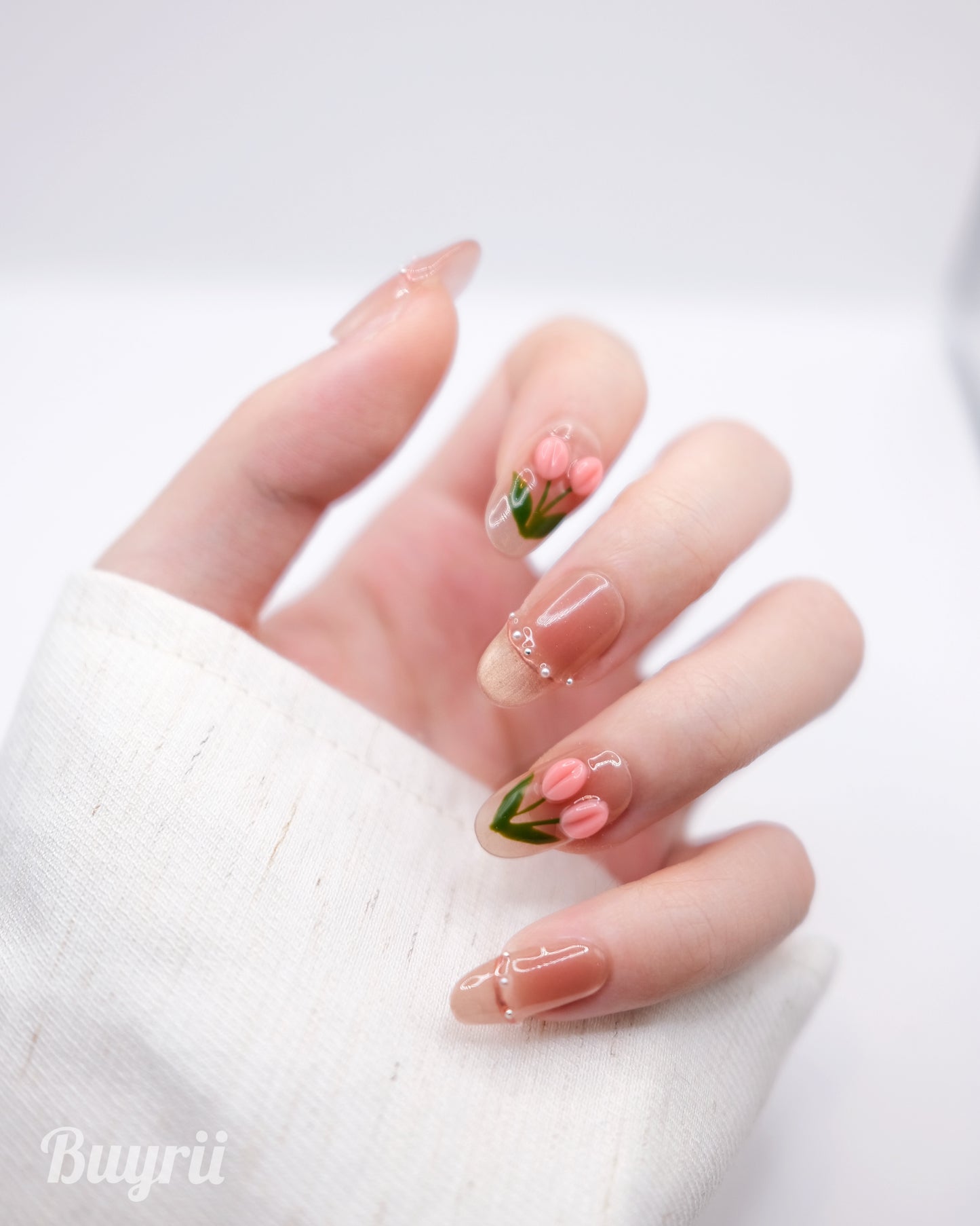 Mid-Long Oval Pink Cateye Tulip French Manicure Press On Nails