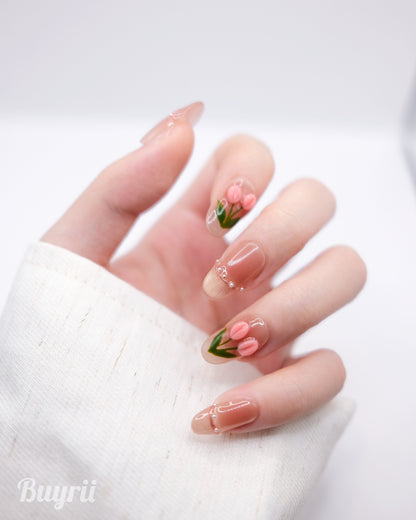 Mid-Long Oval Pink Cateye Tulip French Manicure Press On Nails