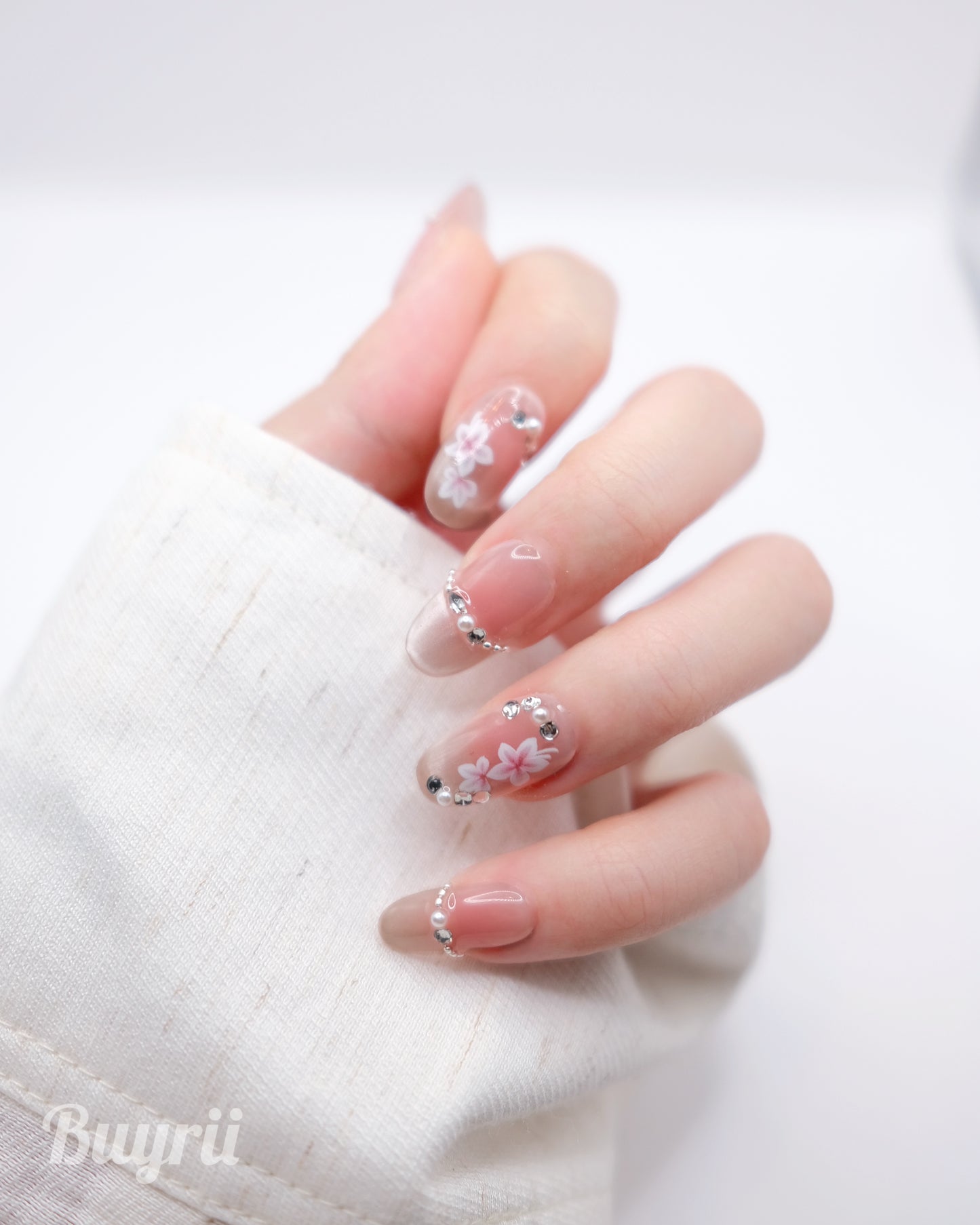 Mid-Long Oval Cateye Pink Flower French Manicure Press On Nails