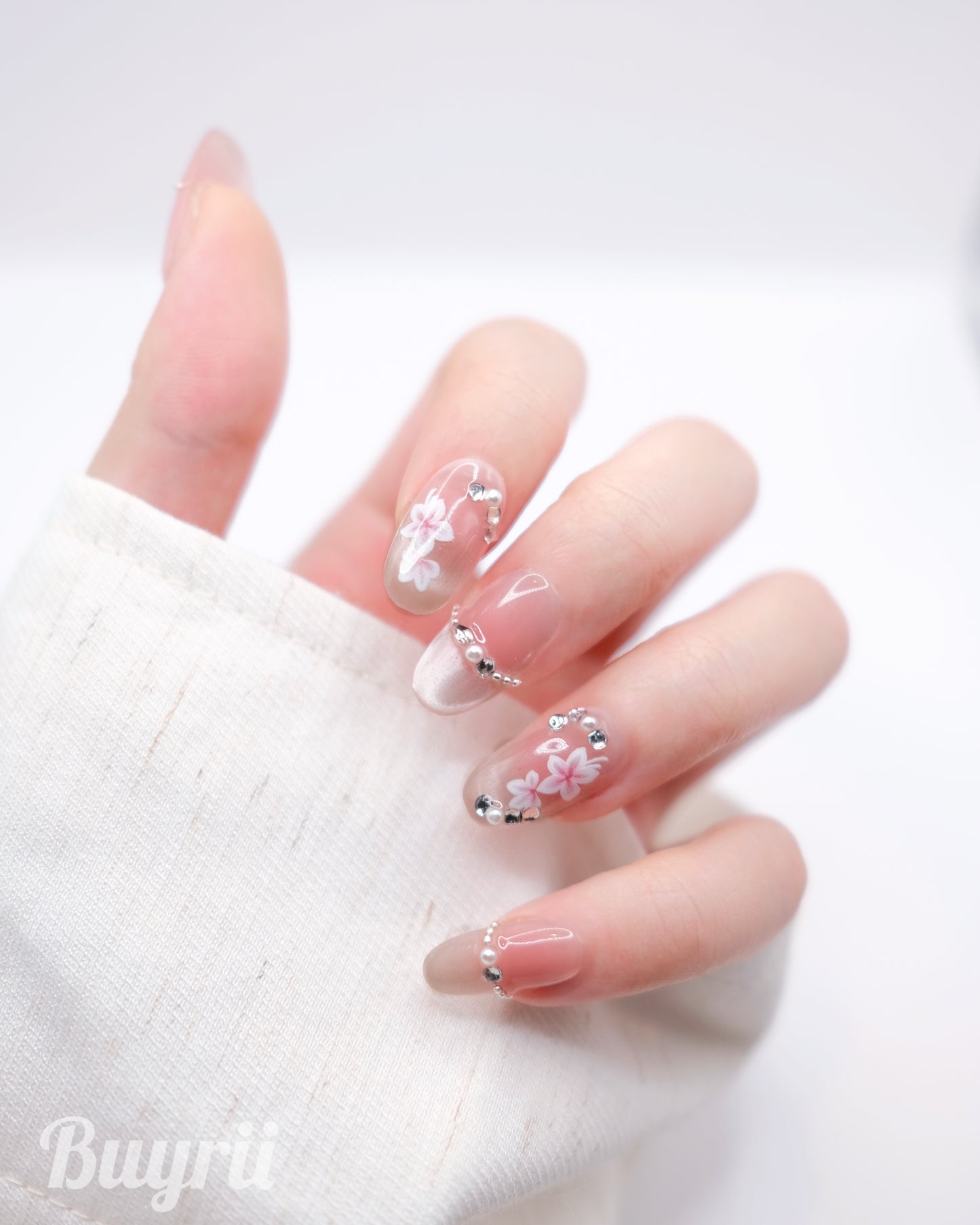 Mid-Long Oval Cateye Pink Flower French Manicure Press On Nails