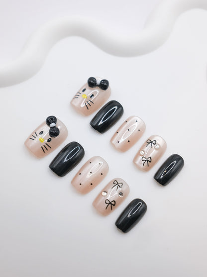 Short Coffin Nude & Black 3D Hello Kitty Press On Nails