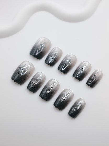 Short Coffin Black & Silver Embossed Star Press On Nails