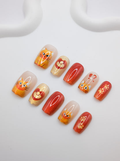 Short Coffin Golden Yuan Bao Cat Press On Nails
