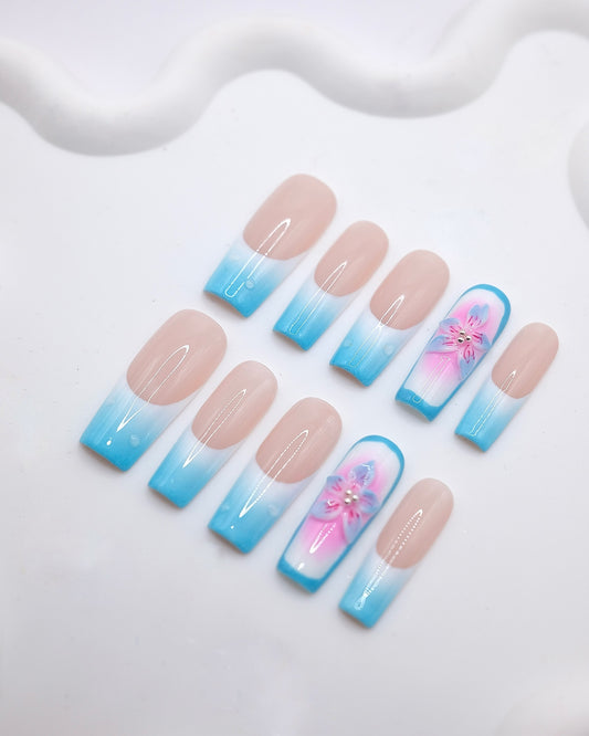 Long Square 3D Blue Ombre French Lily Flower Press On Nails
