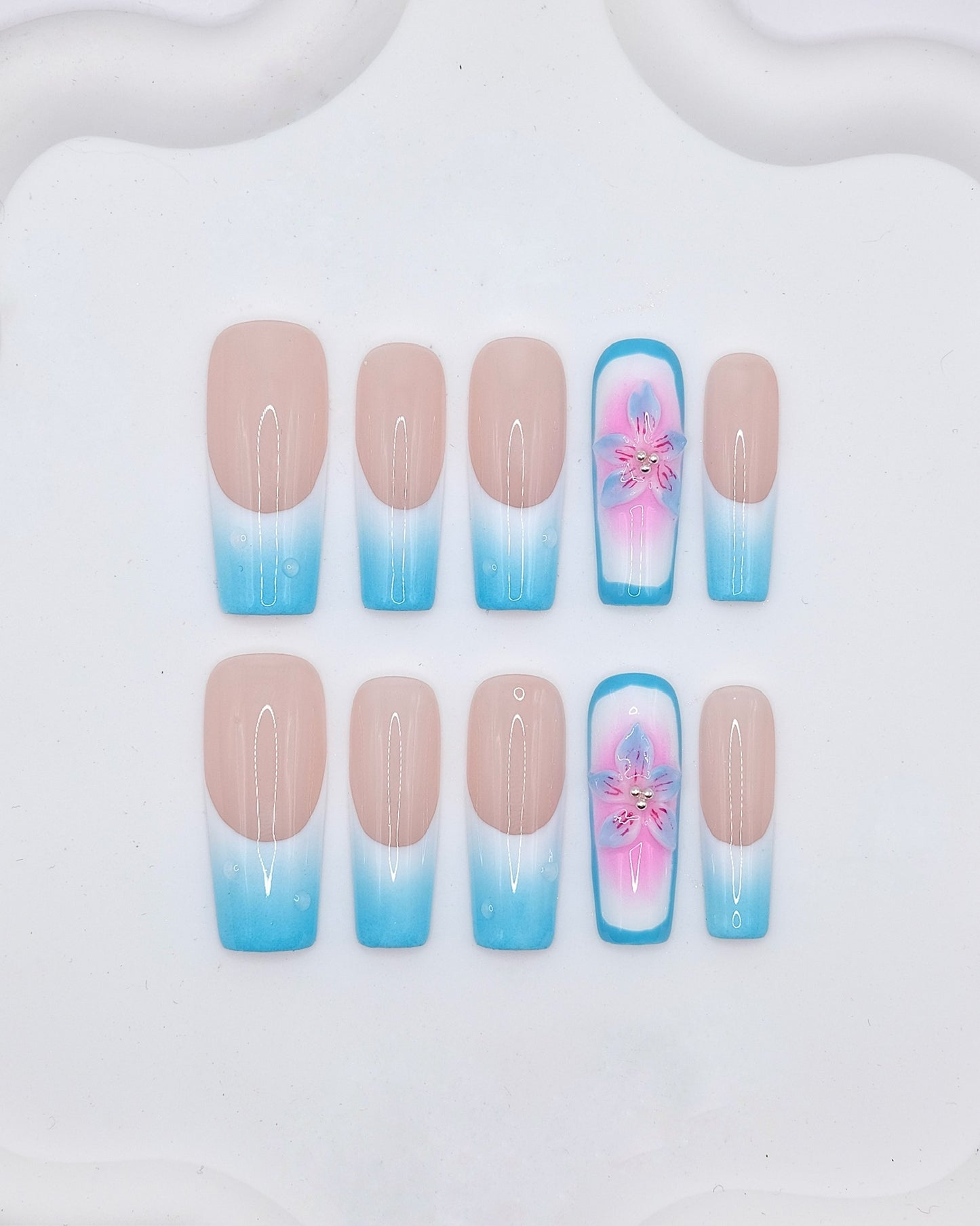 Long Square 3D Blue Ombre French Lily Flower Press On Nails