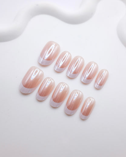 Mid-Long Oval Nude Pearl Chrome French Press On Nails