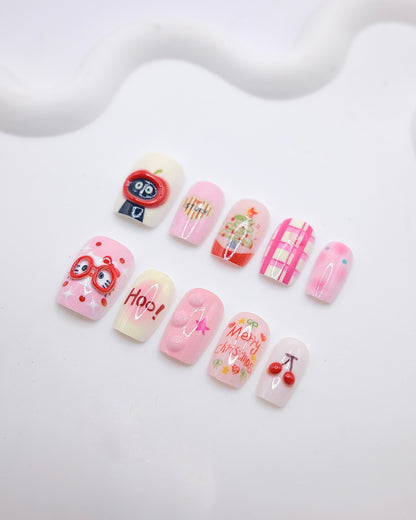 Short Coffin 3D Pink Cherry Cartoon Press On Nails