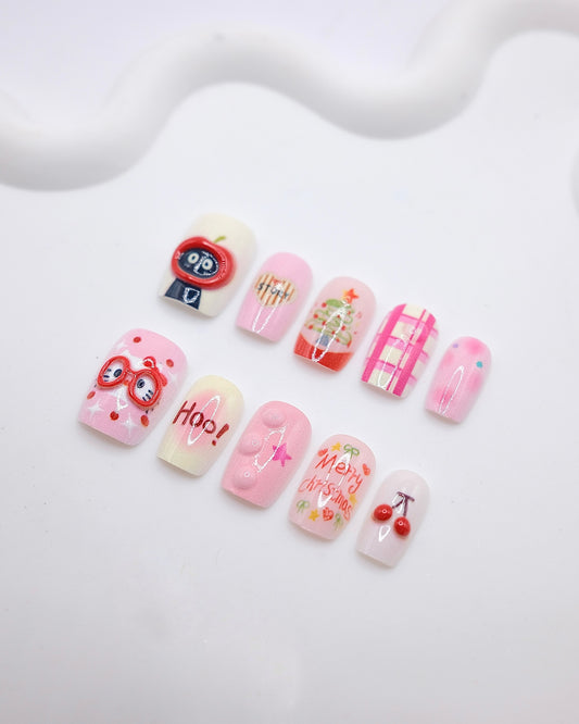Short Coffin 3D Pink Cherry Cartoon Press On Nails
