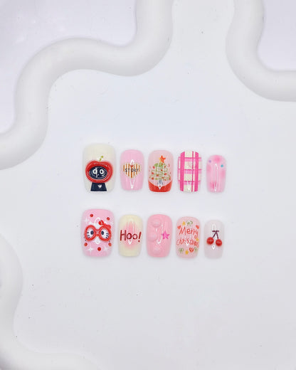 Short Coffin 3D Pink Cherry Cartoon Press On Nails
