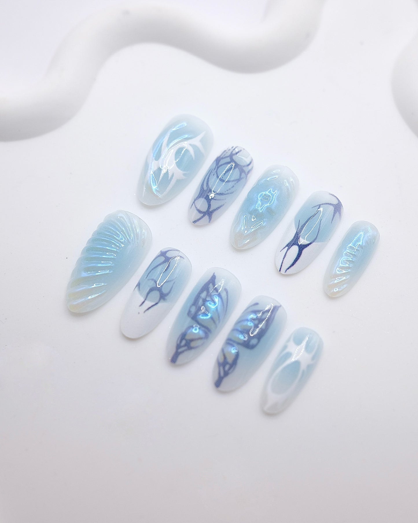 Long Almond 3D Blue Aurora Chrome Y2K Press On Nails