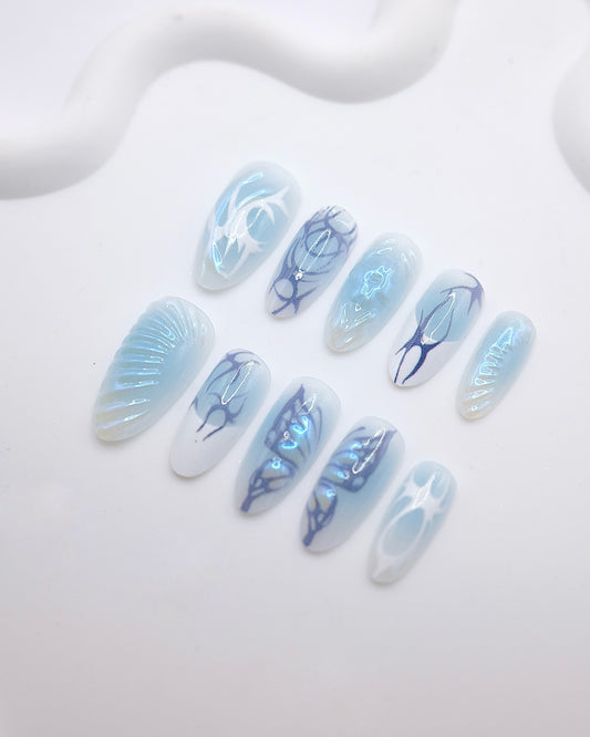 Long Almond 3D Blue Aurora Chrome Y2K Press On Nails