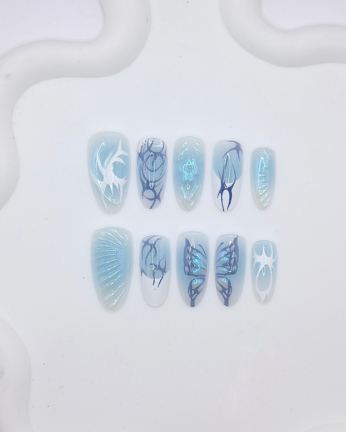 Long Almond 3D Blue Aurora Chrome Y2K Press On Nails