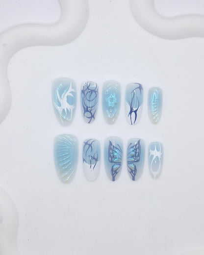 Long Almond 3D Blue Aurora Chrome Y2K Press On Nails