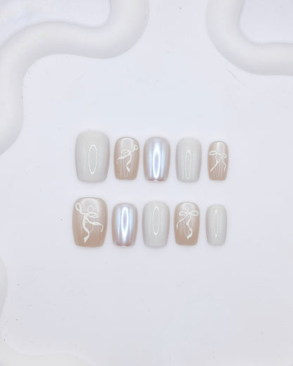 Short Coffin 3D White Pearl Bow Press On Nails