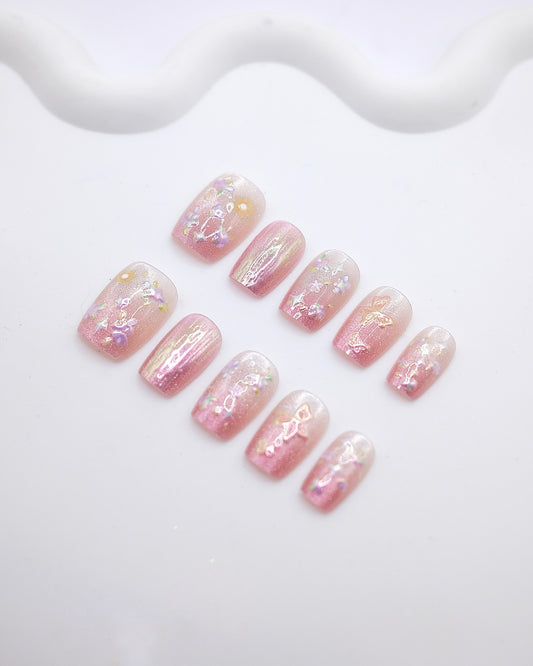Short Coffin 3D Pink Glitter Floral Bow Press On Nails