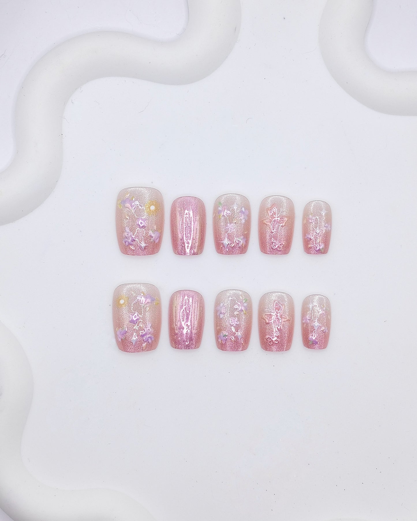 Short Coffin 3D Pink Glitter Floral Bow Press On Nails