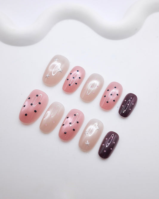 Mid-Long Oval Pink Polka Dot Star Press On Nails