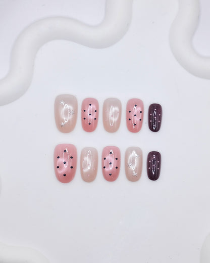 Mid-Long Oval Pink Polka Dot Star Press On Nails