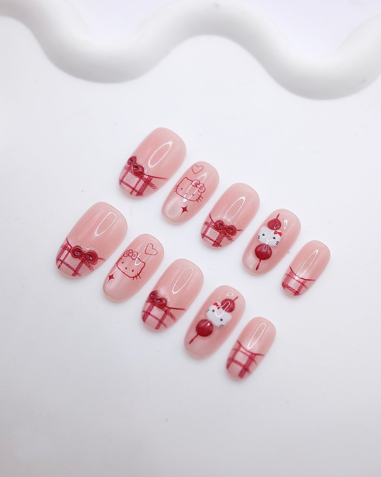 Mid-Long Oval 3D Red Plaid Bow Candy Press On Nails